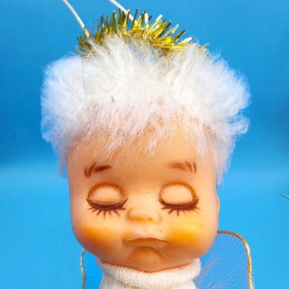 Vintage 1950s Shabby Pixie Angel Ornament Felt Knee Hugger Tinsel Sleepy Eyes - Picture 3 of 9